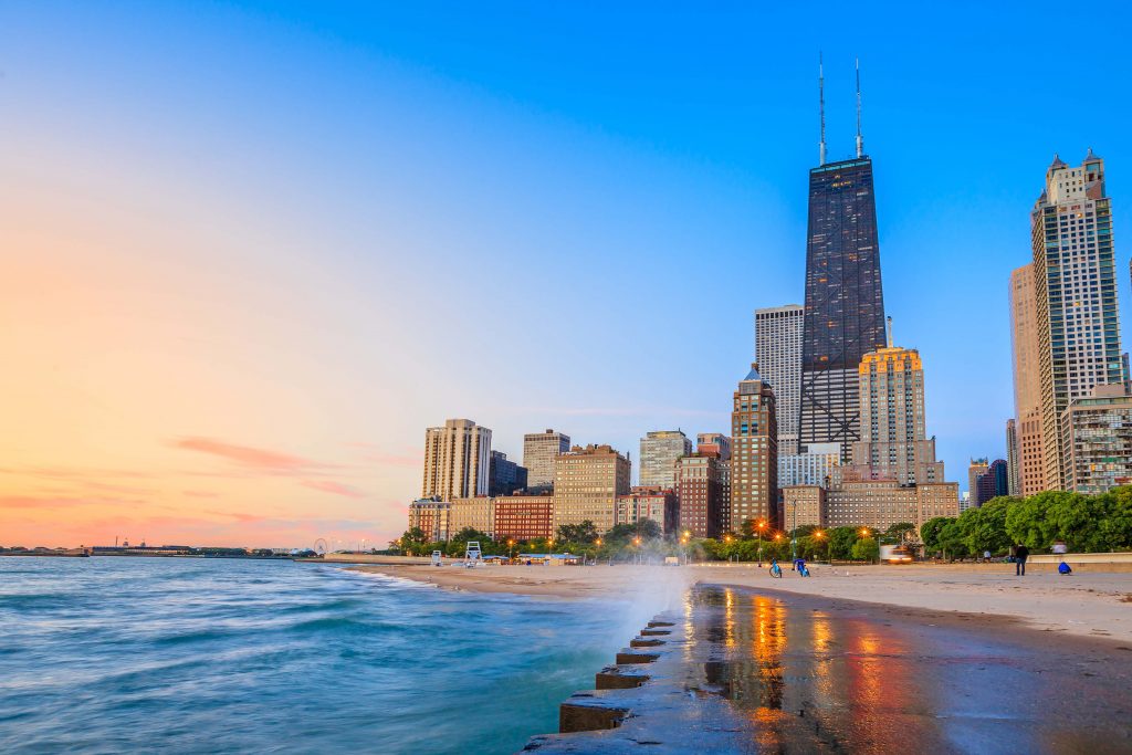 Chicago skyline during sunrise on the lake front
